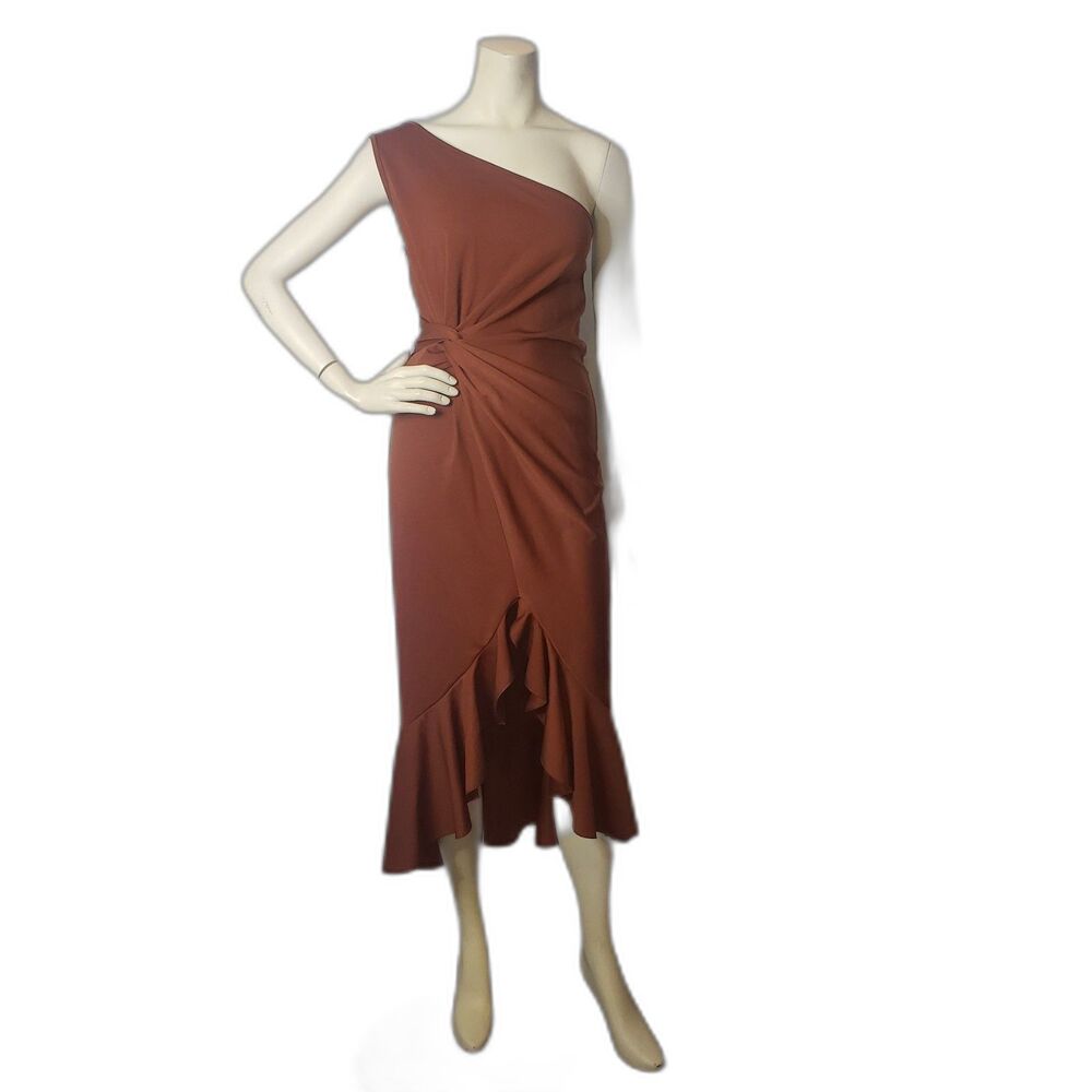 Shein One Shoulder Asymmetrical Ruffle Hem Twist Front Brown Dress Womens XL